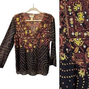 Vivienne Tam Vintage 1990s Black Yellow Floral Boho Print Stretch Mesh Top L XL